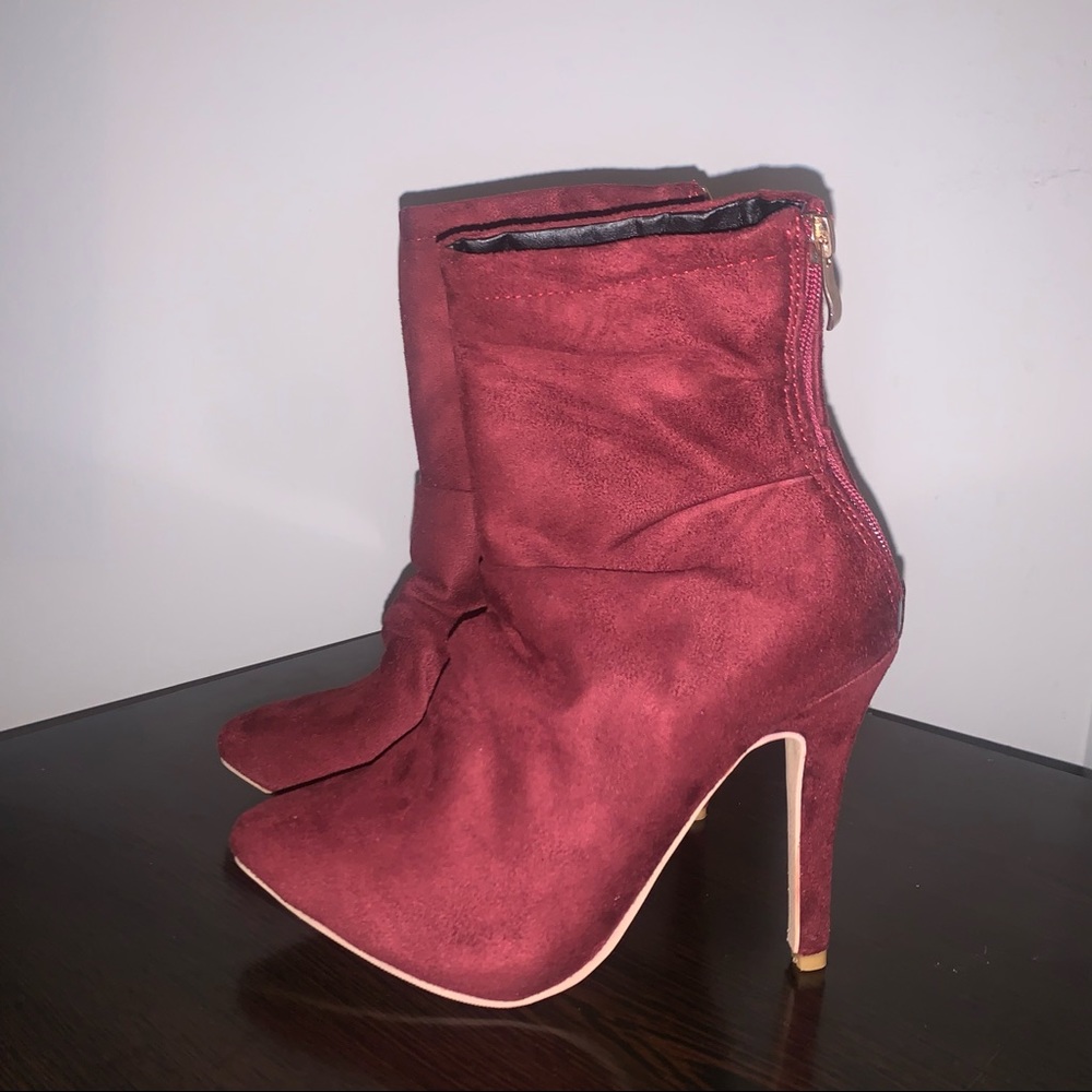 New burgundy red faux suede ankle scrunch booties